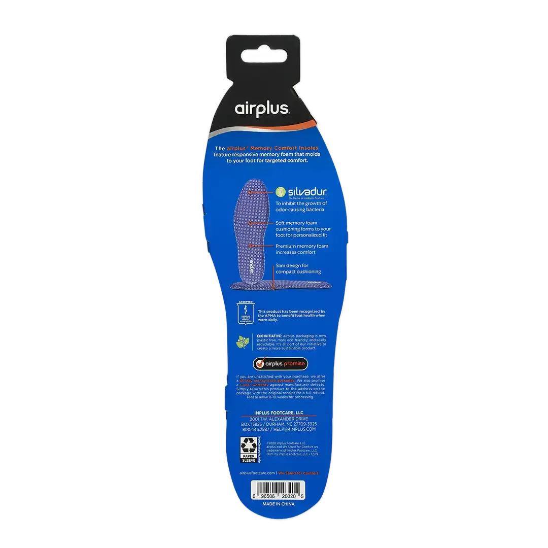 Airplus Memory Plus Comfort Insole Anti-Fatigue Foam Cushion Men's, Size 7-13