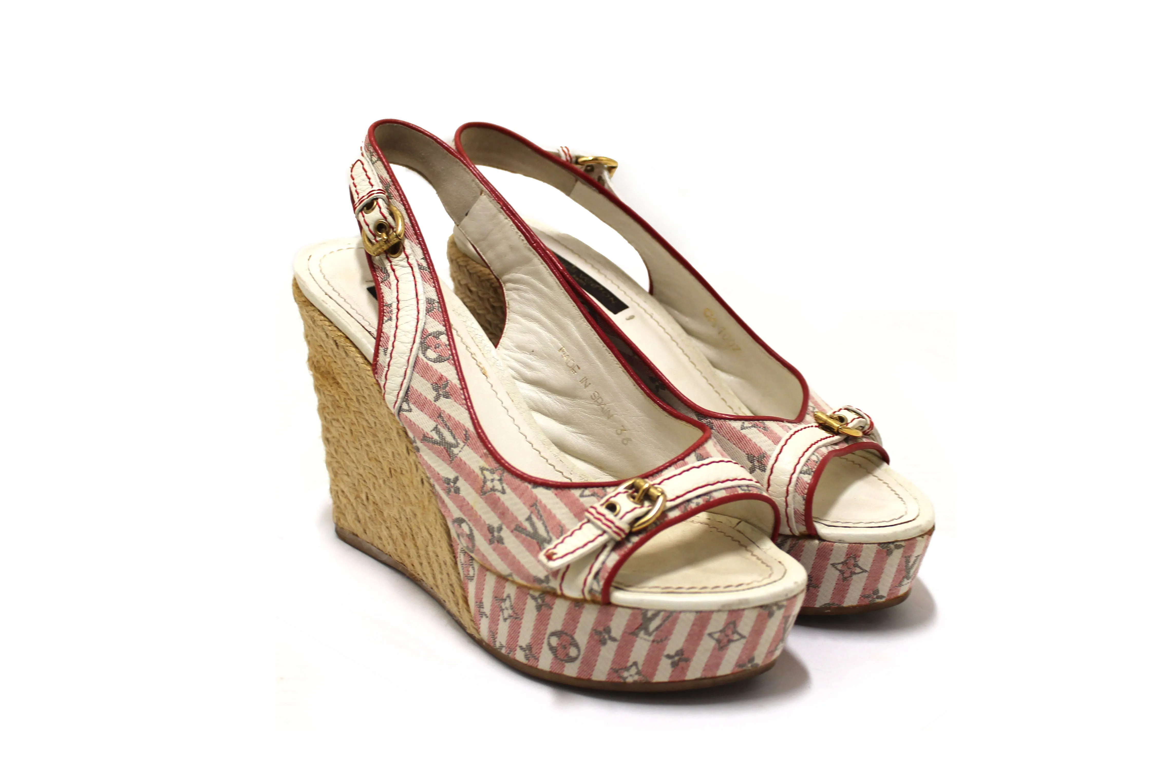 Authentic Louis Vuitton Red Mini Lin Croisette Anemone Wedges Sandals Size 36