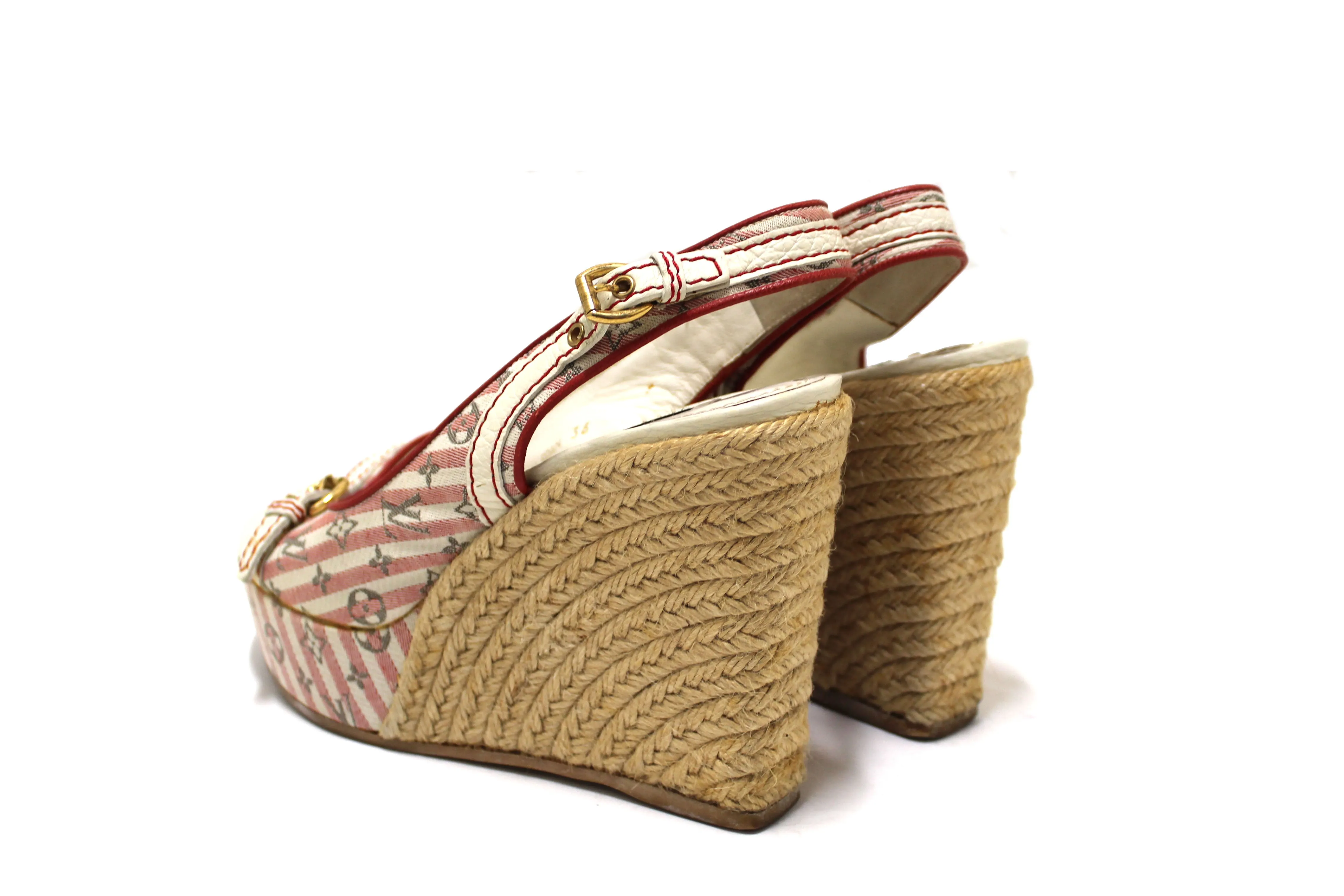 Authentic Louis Vuitton Red Mini Lin Croisette Anemone Wedges Sandals Size 36