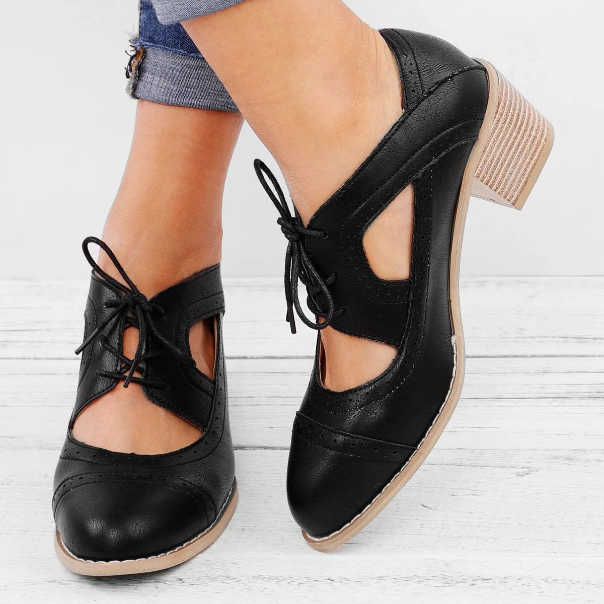 Cutout Lace-up Low Heel Oxford Shoes Women Daily Loafers