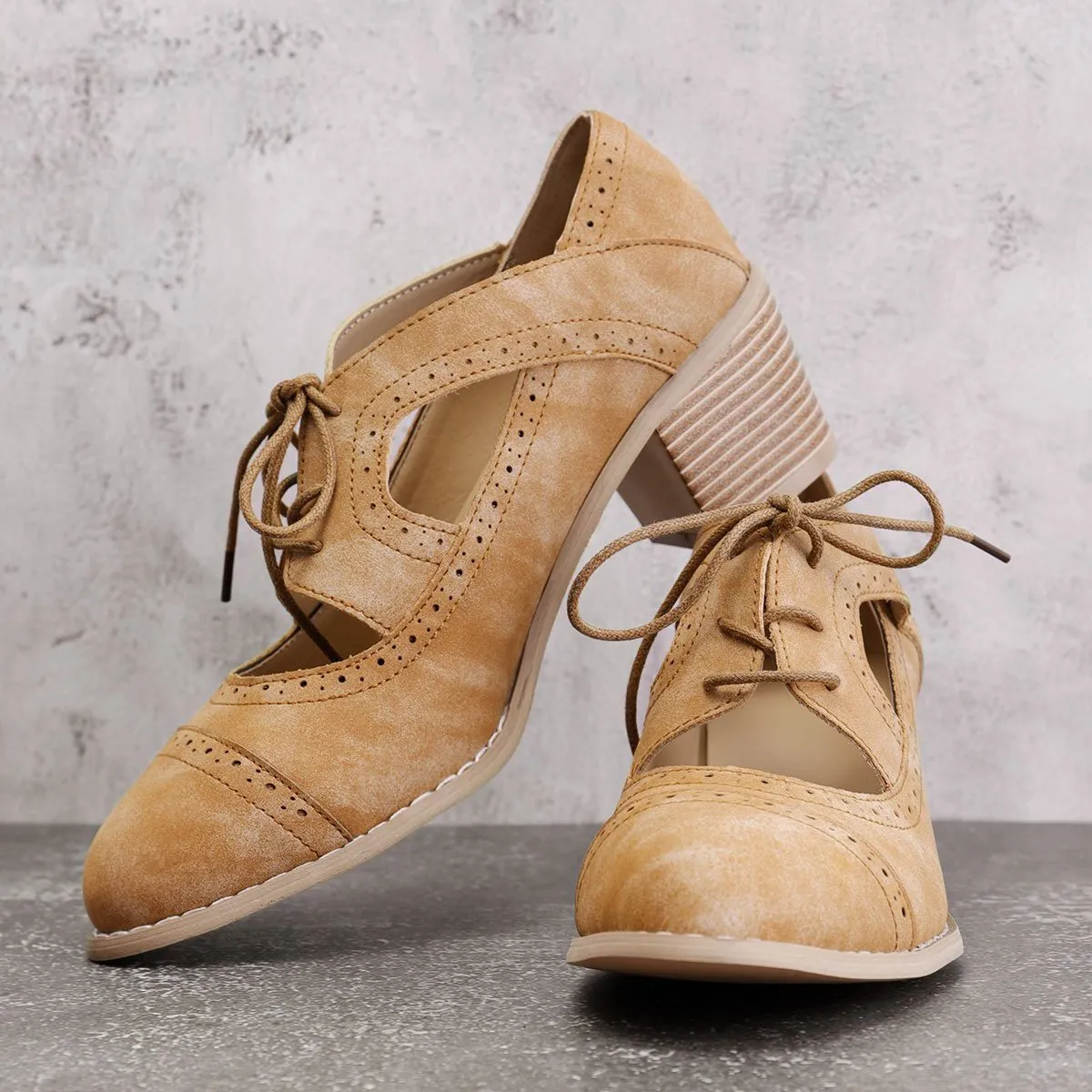Cutout Lace-up Low Heel Oxford Shoes Women Daily Loafers