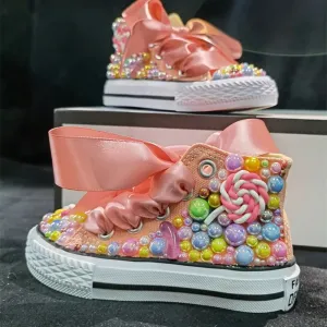 Dolly Bling Canvas Baseball Boots Peach Candy Cane