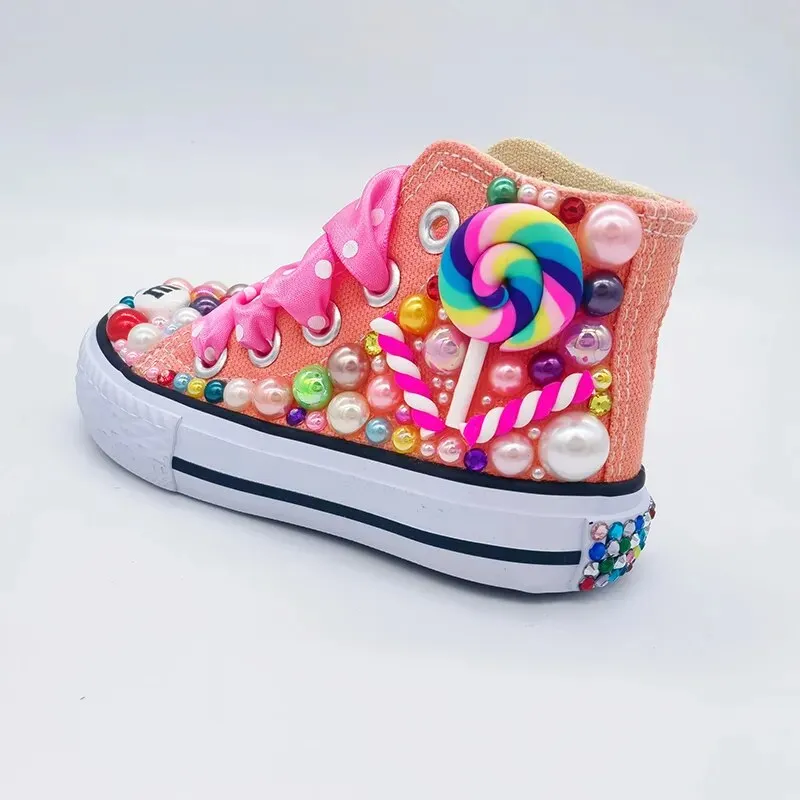 Dolly Bling Canvas Baseball Boots Peach Candy Cane