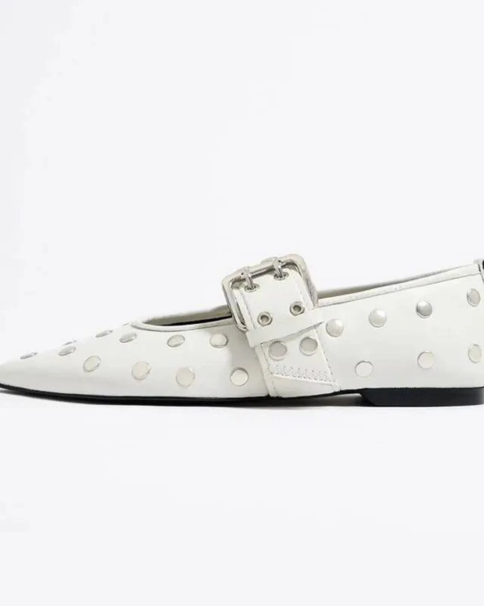 Gia Rivet Embellished Buckle Leather Ballet Flats In White
