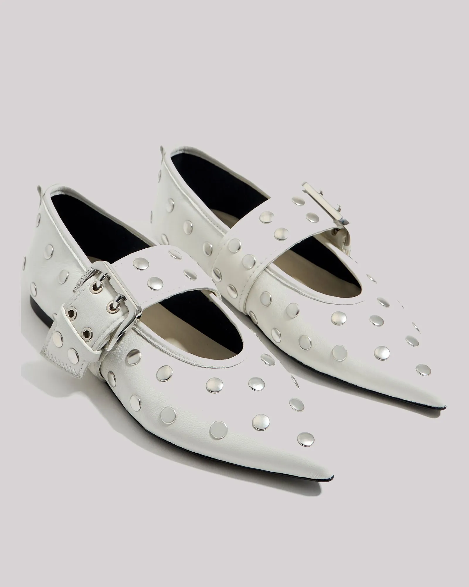 Gia Rivet Embellished Buckle Leather Ballet Flats In White