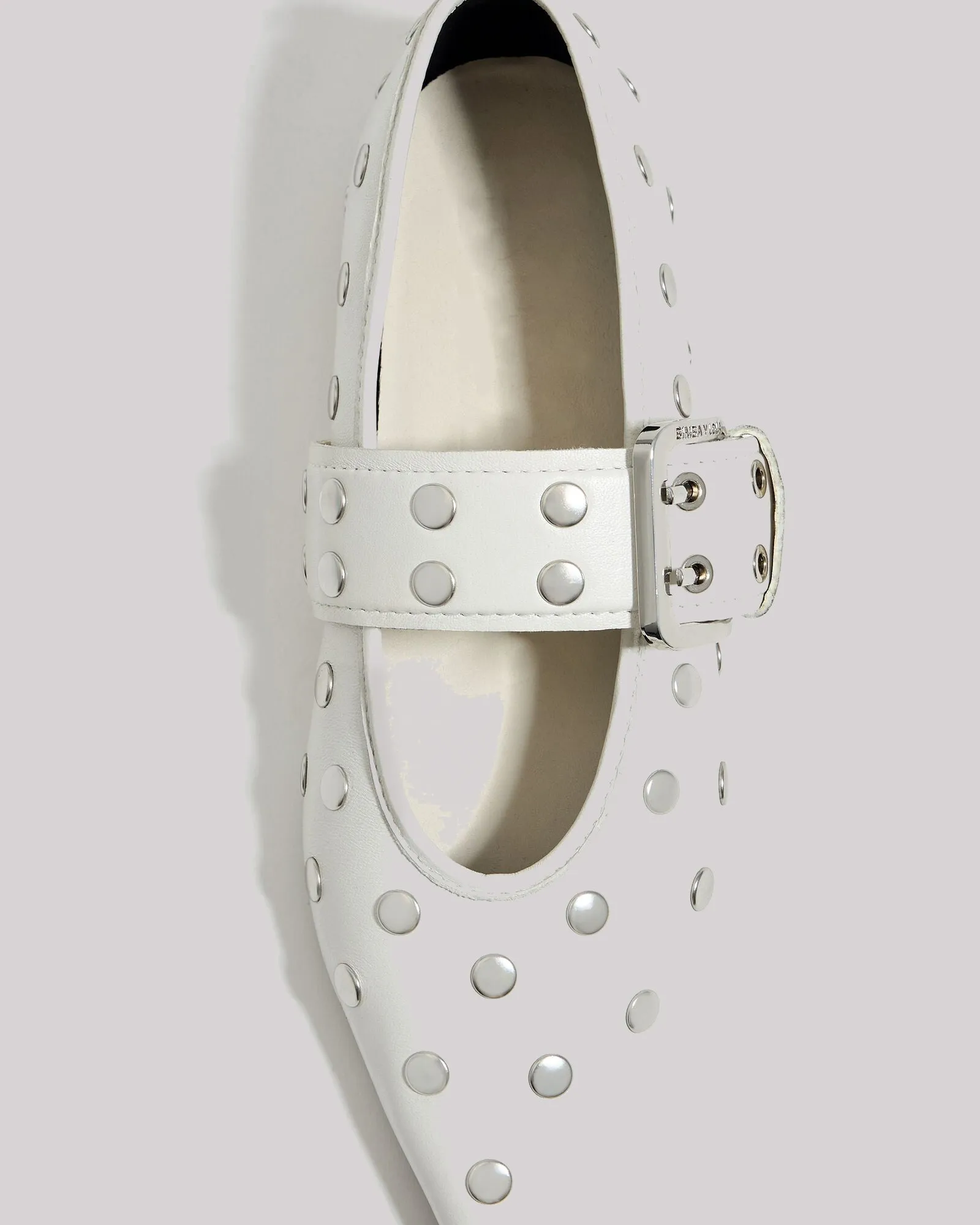 Gia Rivet Embellished Buckle Leather Ballet Flats In White