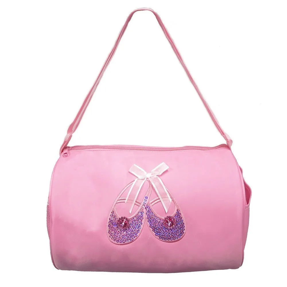 Girls Pink Rhinestone Sequin Ballet Shoe Applique Duffel Bag
