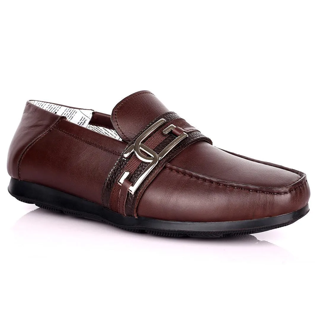 John Galliano Exquisite Double G Logo Designed Leather Shoe - Coffee