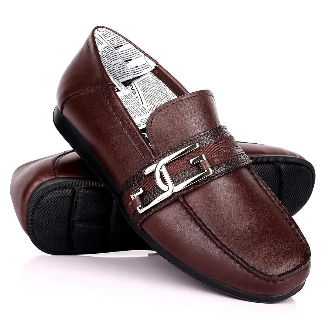 John Galliano Exquisite Double G Logo Designed Leather Shoe - Coffee