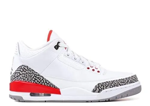 Jordan Nike Mens Air 3 Retro Powder White/Fire Red-Cement Grey Leather Basketball Shoes (10.5 M US, White/Fire Red-Cement Grey)