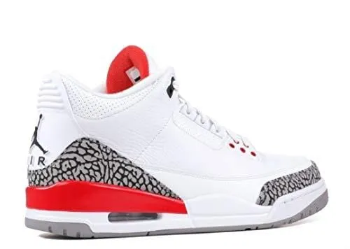 Jordan Nike Mens Air 3 Retro Powder White/Fire Red-Cement Grey Leather Basketball Shoes (10.5 M US, White/Fire Red-Cement Grey)