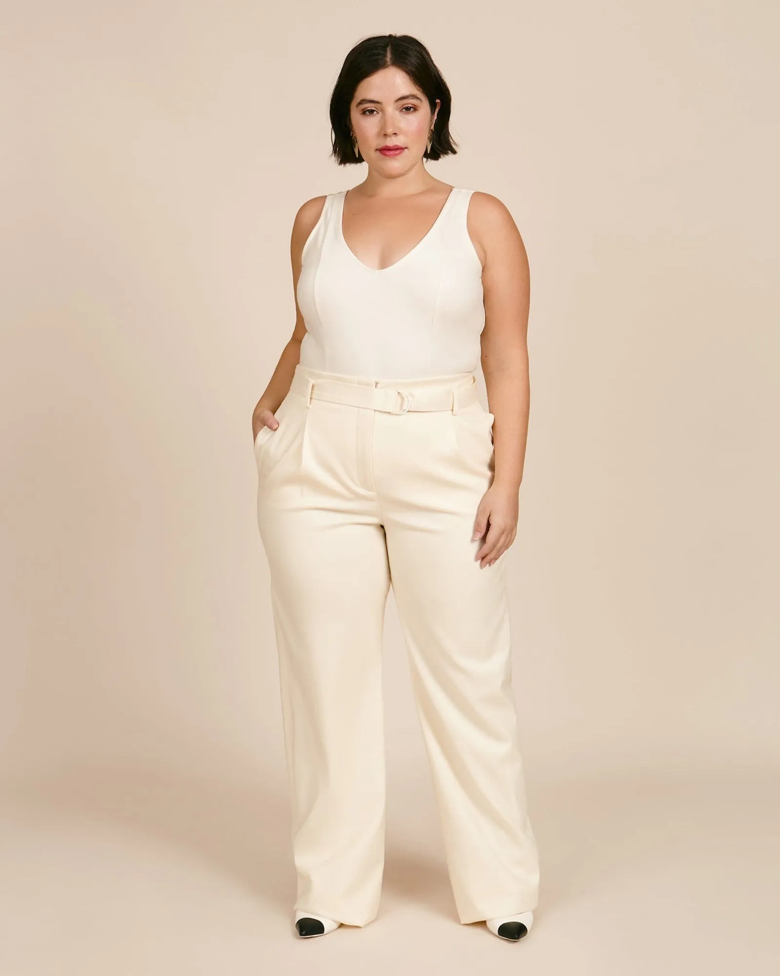 Luxe Wool Twill High Waisted Belted Pant | Ivory
