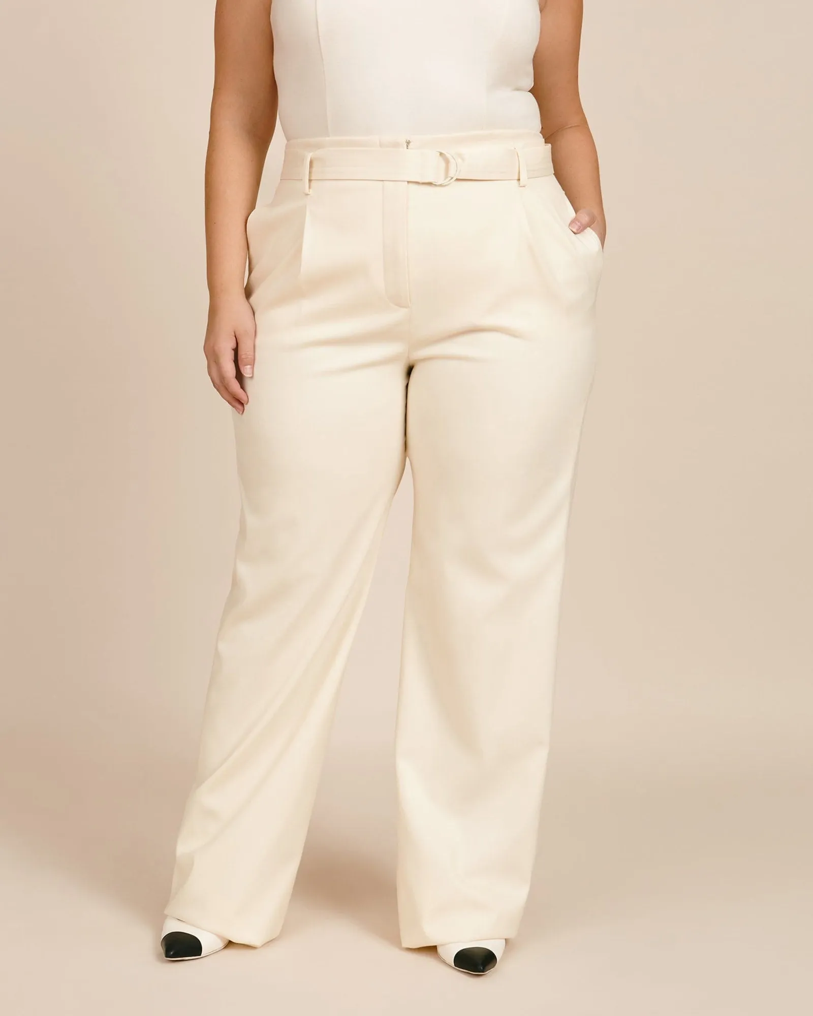 Luxe Wool Twill High Waisted Belted Pant | Ivory