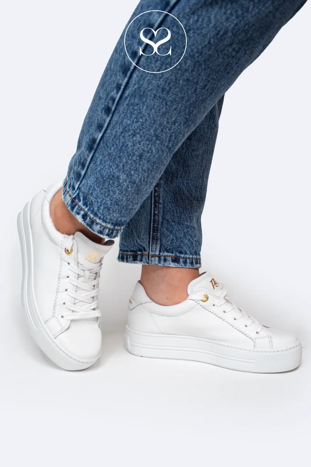 PAUL GREEN 5241-00 WHITE  LEATHER FLATFORM TRAINERS