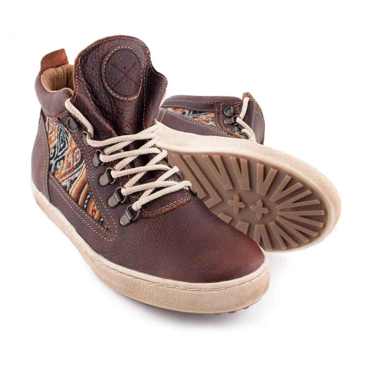 Peruvian Fabric Leather Lace Up Camping Boot - Brown