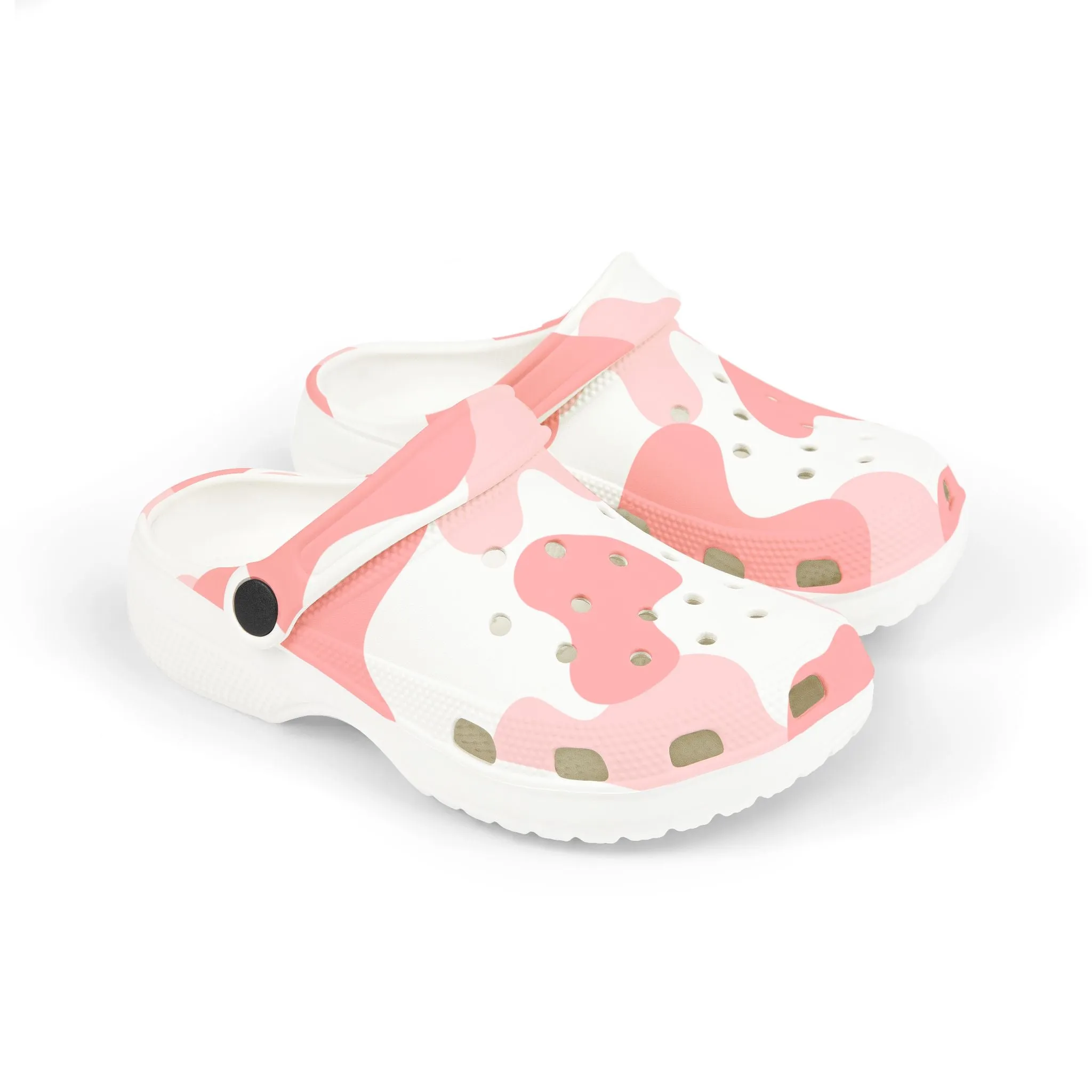 Pink Cow camo print clogs