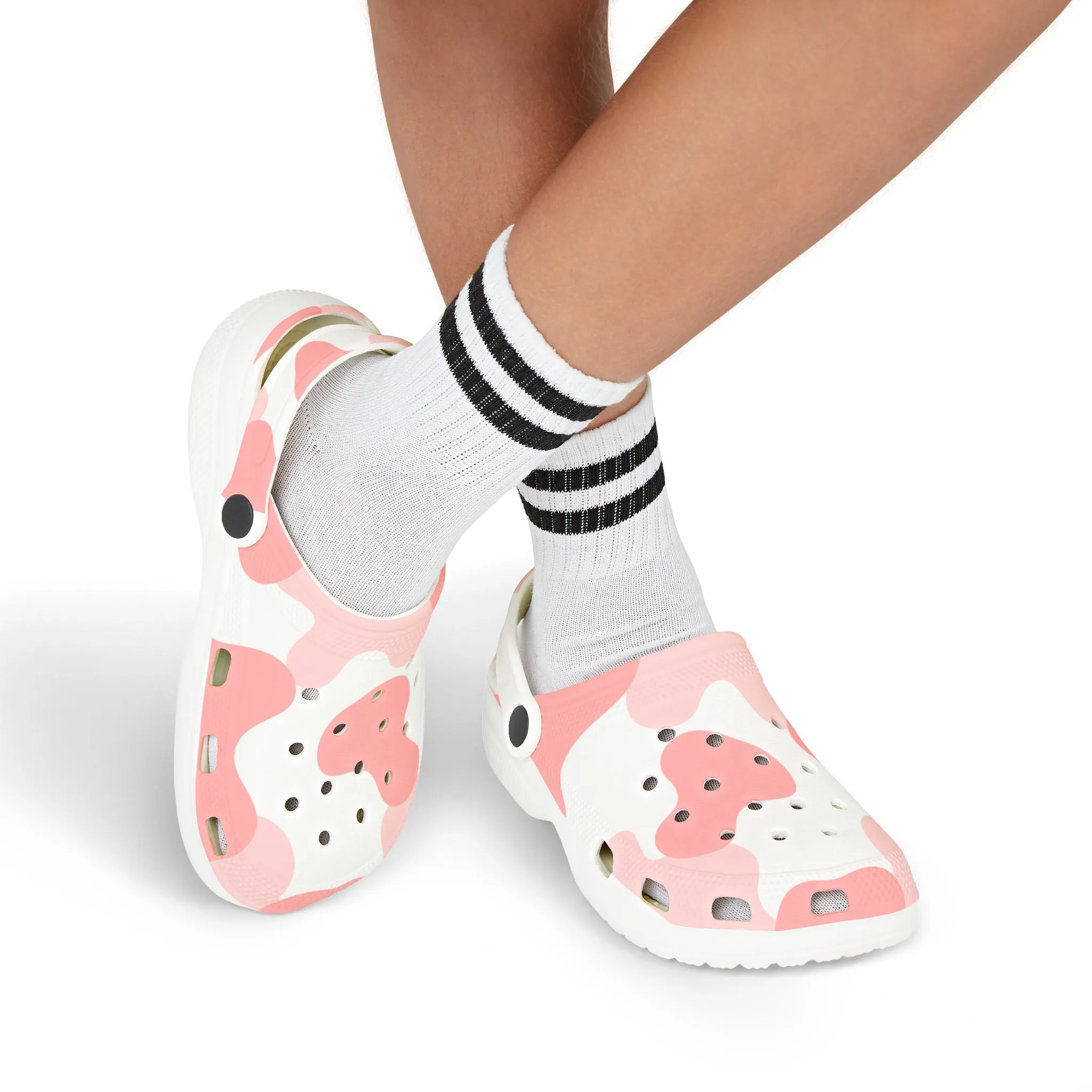 Pink Cow camo print clogs