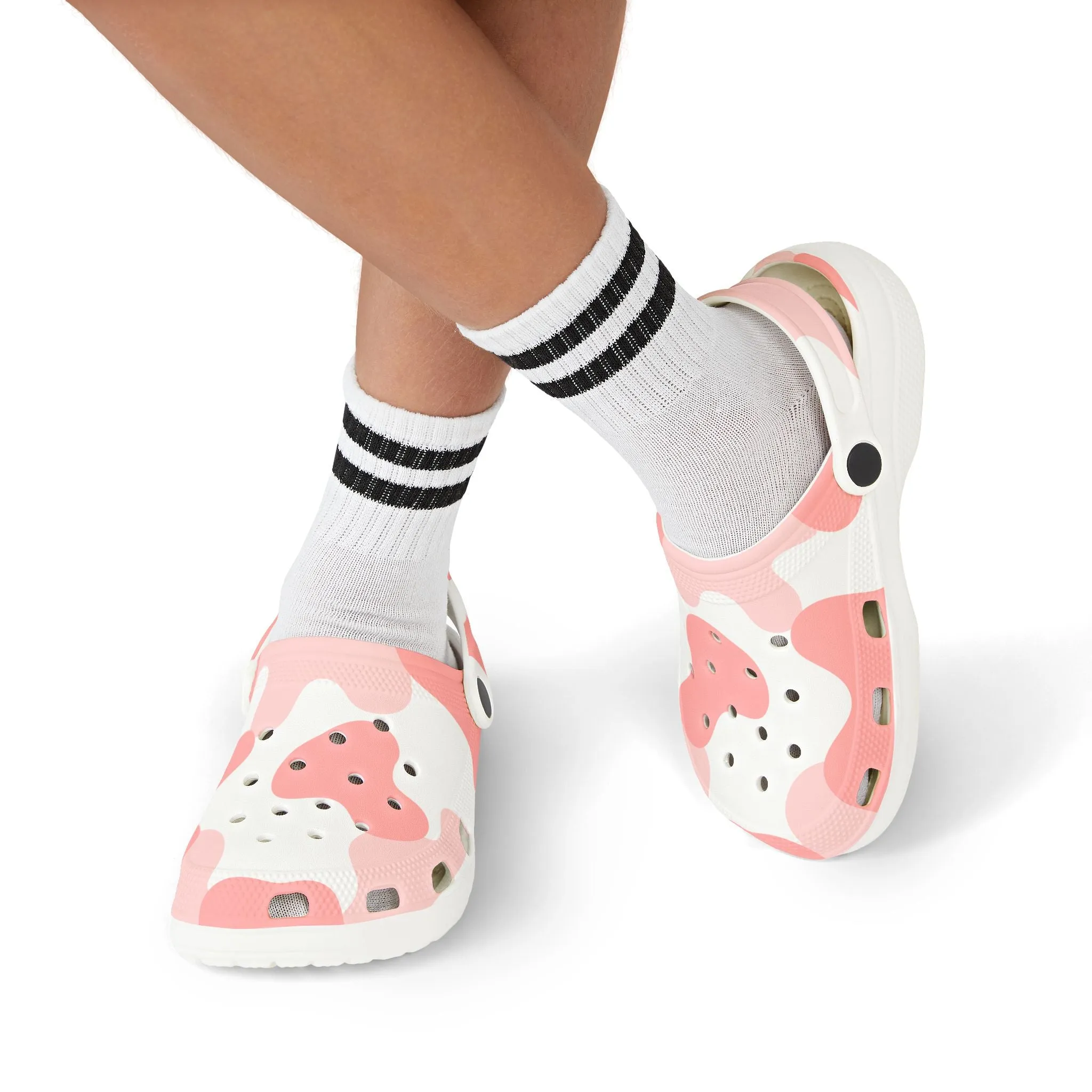 Pink Cow camo print clogs