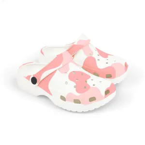 Pink Cow camo print clogs