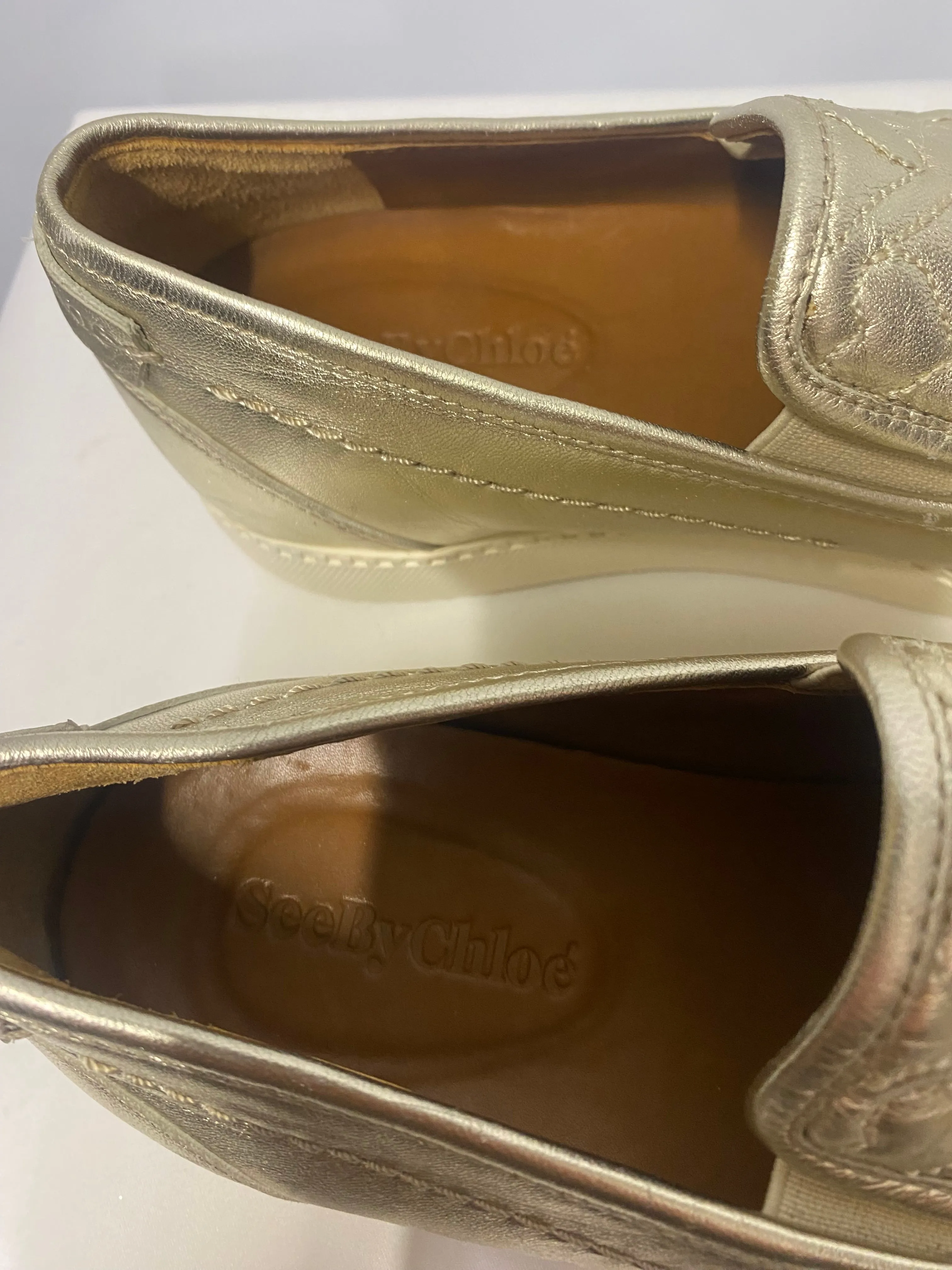 See By Chloe Gold Heart Embroidered Slip On Shoes 3/36