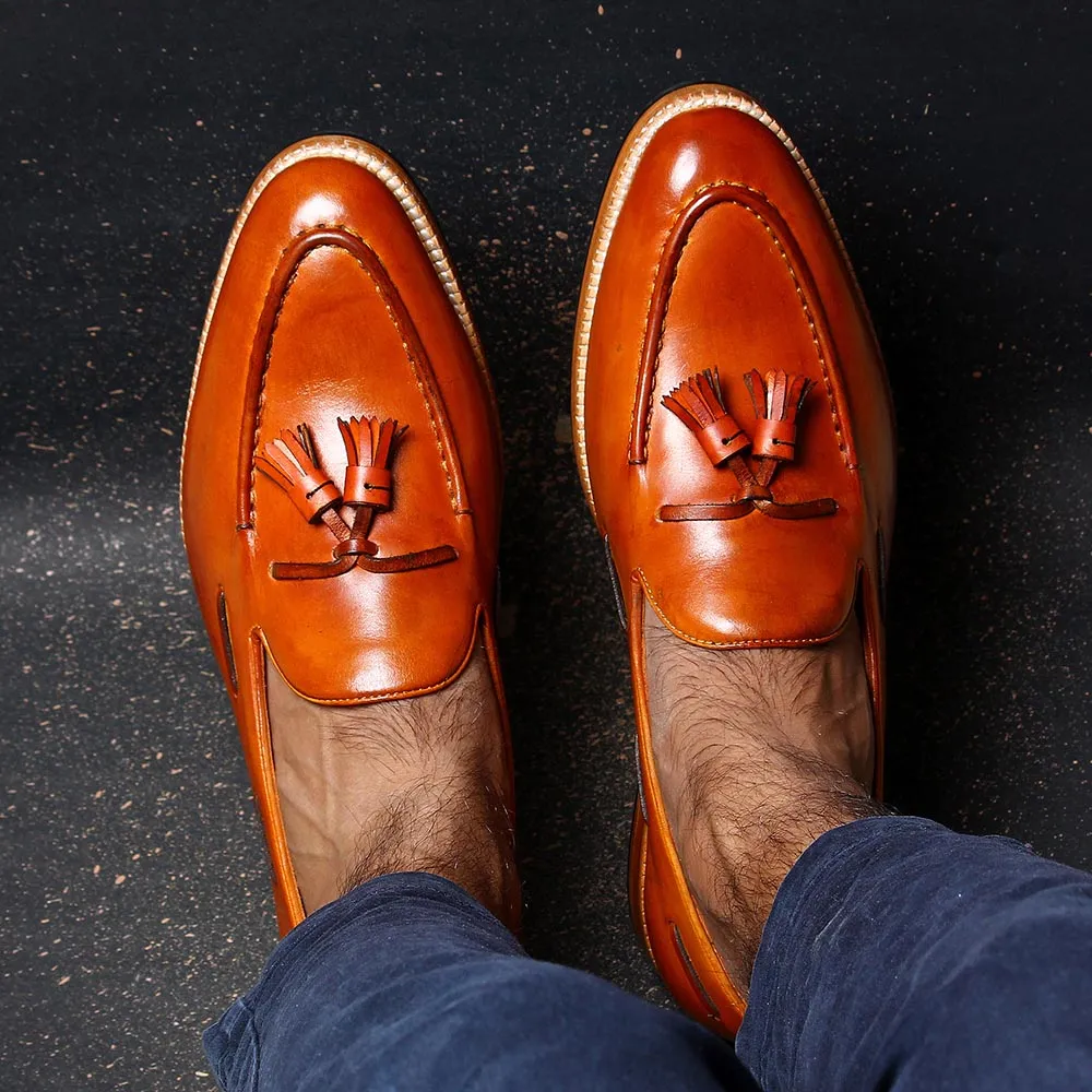 Tan Glossed Classic Tassel Loafers