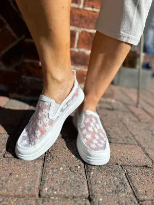 White Floral Embroidered Mesh Slip-Ons