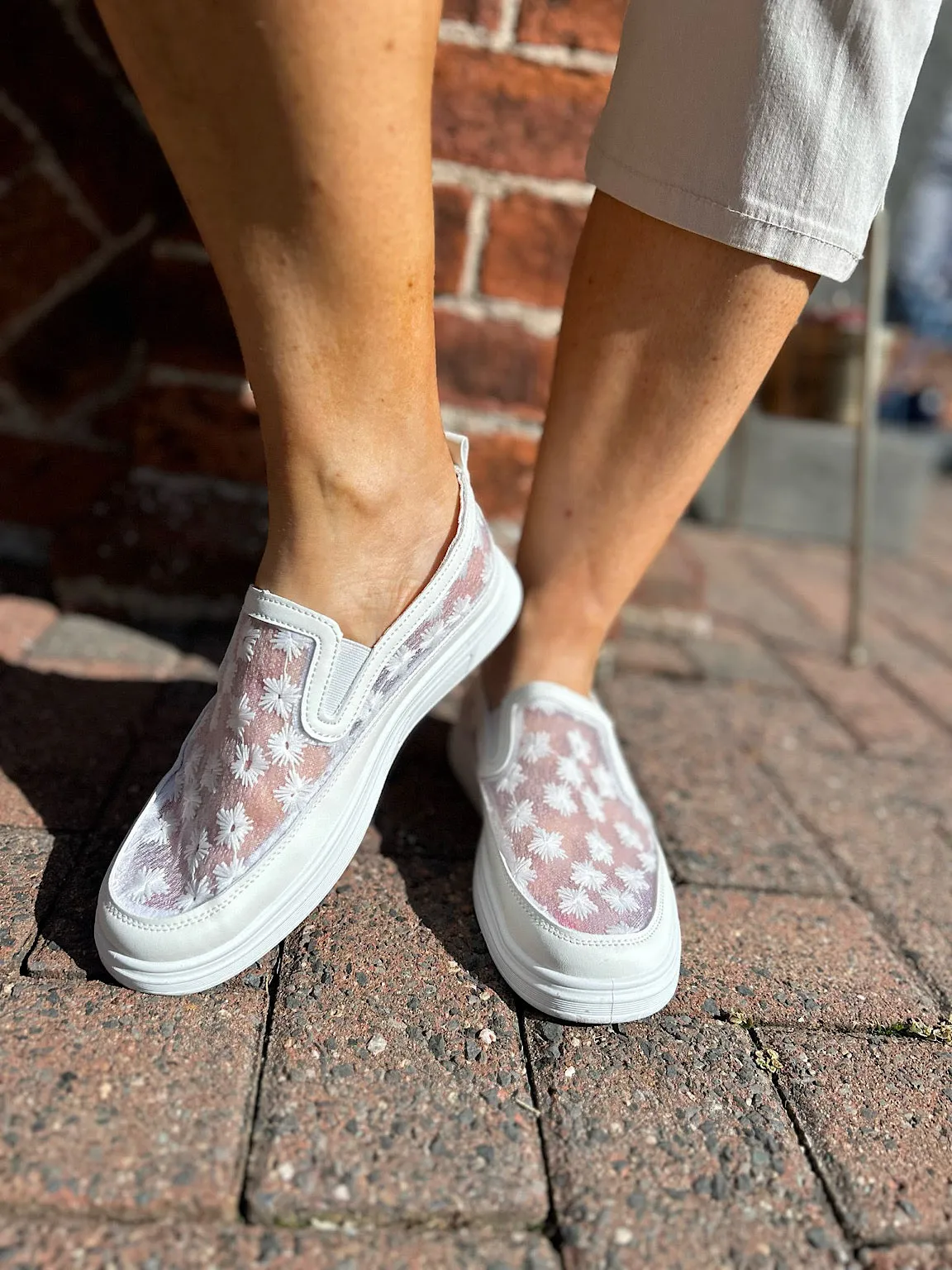 White Floral Embroidered Mesh Slip-Ons