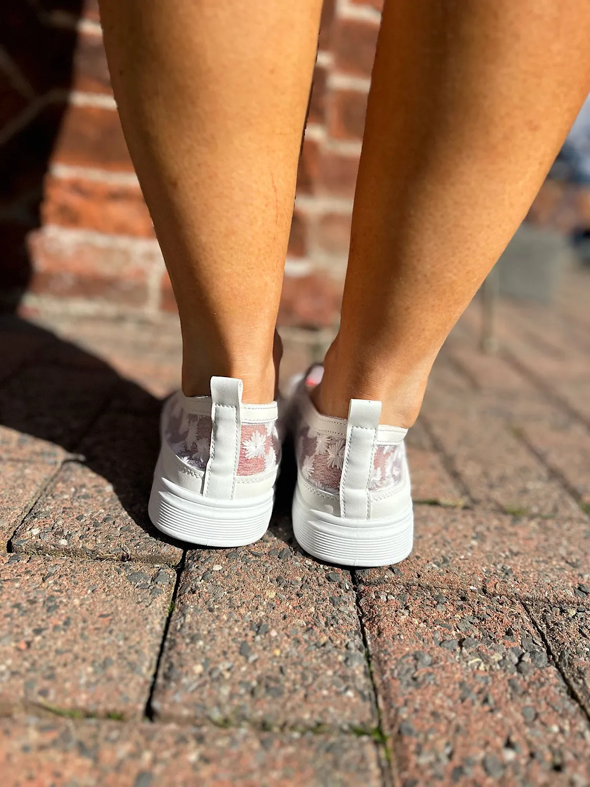 White Floral Embroidered Mesh Slip-Ons