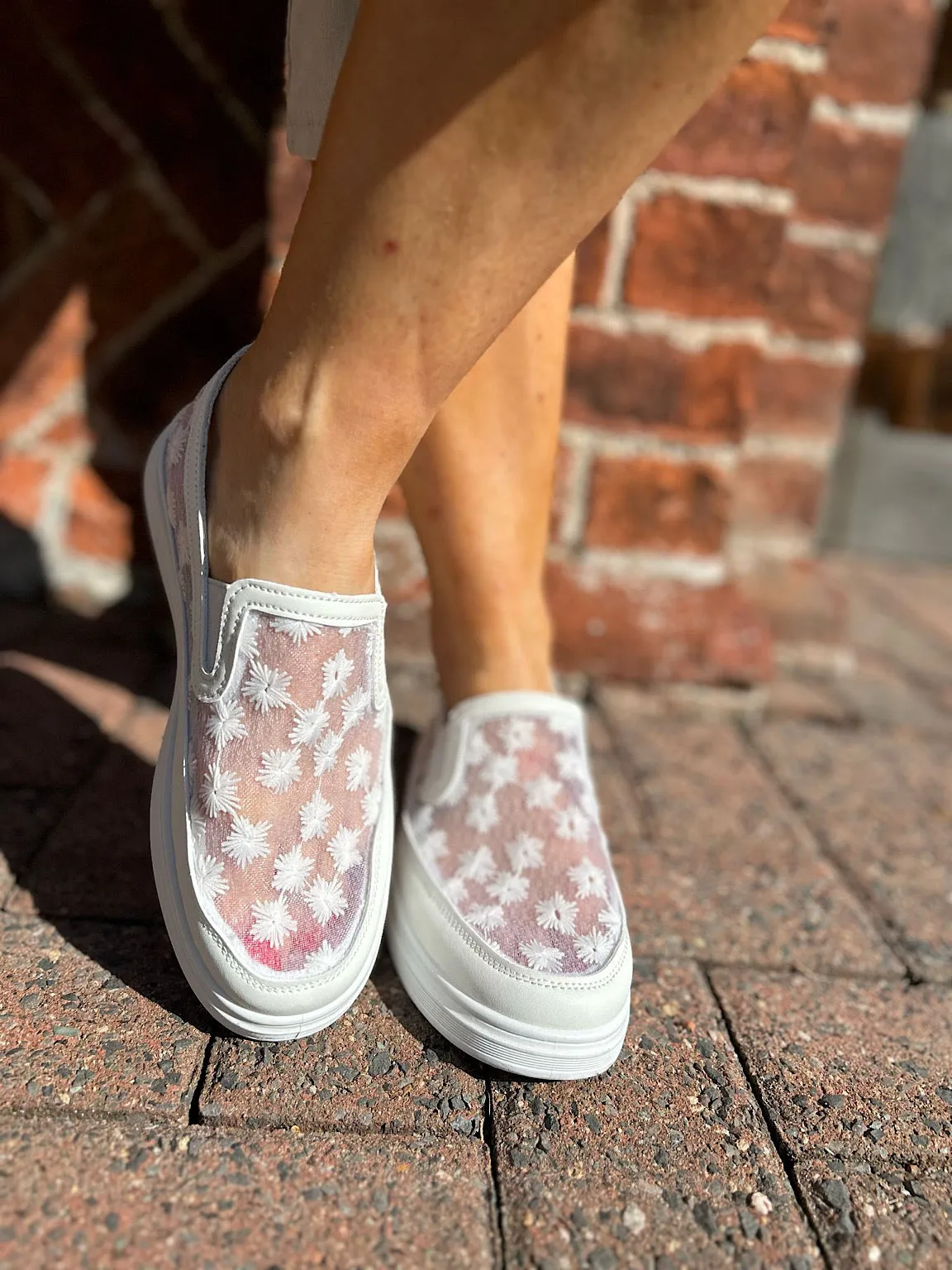 White Floral Embroidered Mesh Slip-Ons