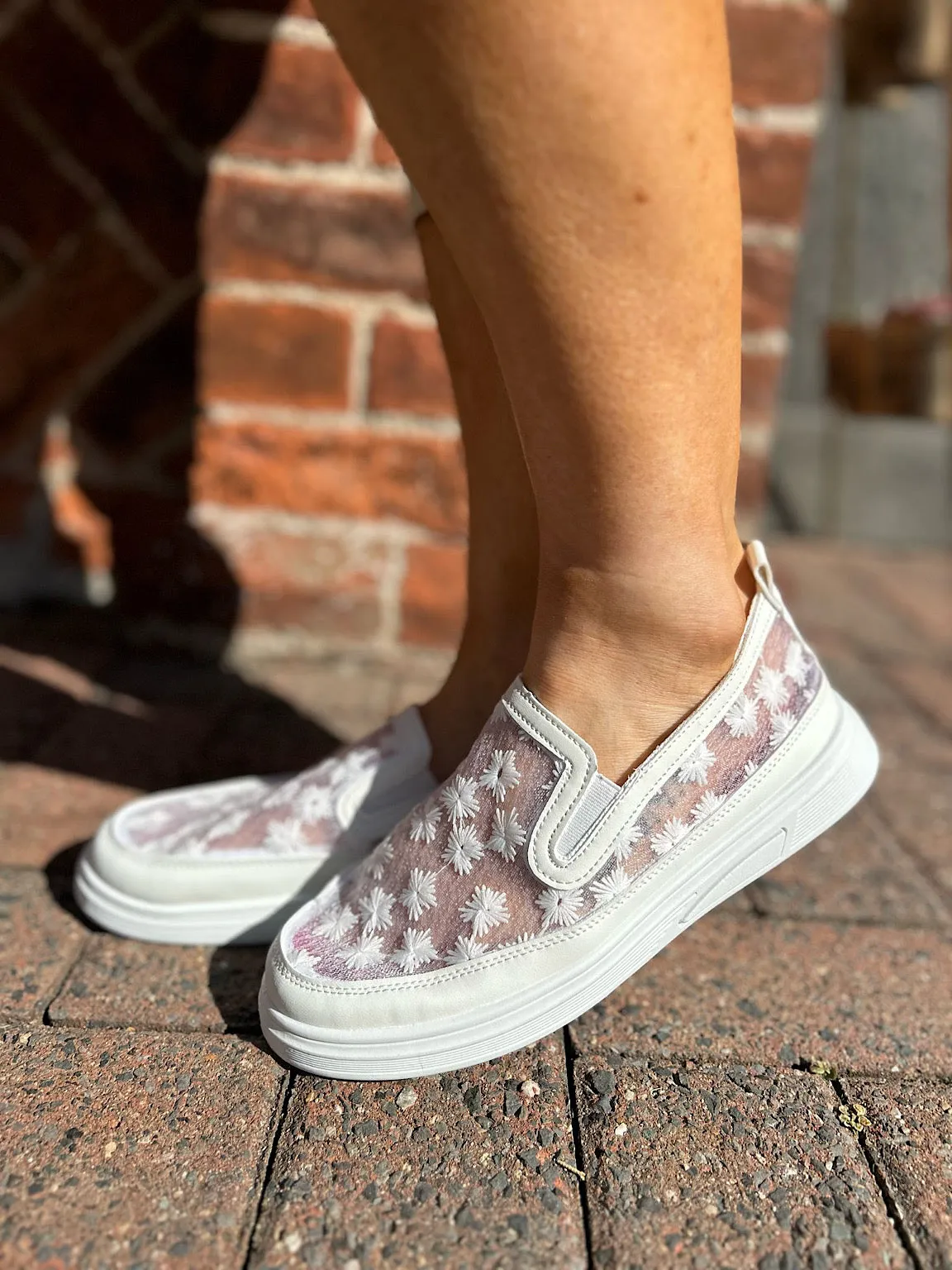 White Floral Embroidered Mesh Slip-Ons