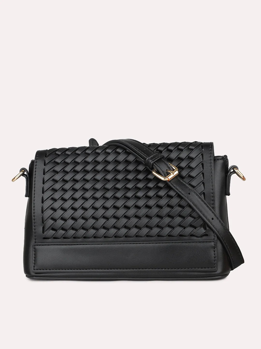 Women Black Textured Structured Sling Bag